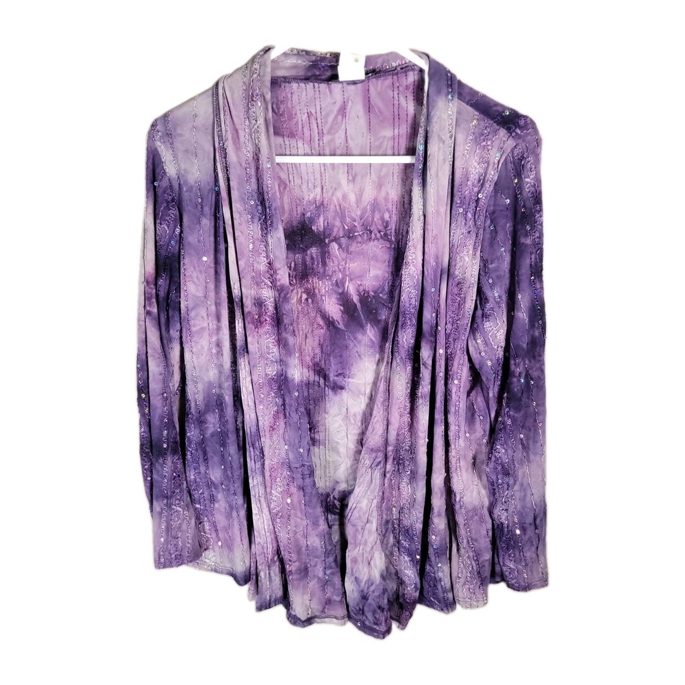 Only Nine Cardigan 1X Purple Tie Dye Open Front Waterfall Sequin Artsy Boho Top